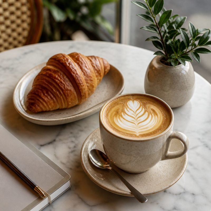 Flat white and croissant brunch table — sample Day 3 Instagram post for a coffee shop campaign